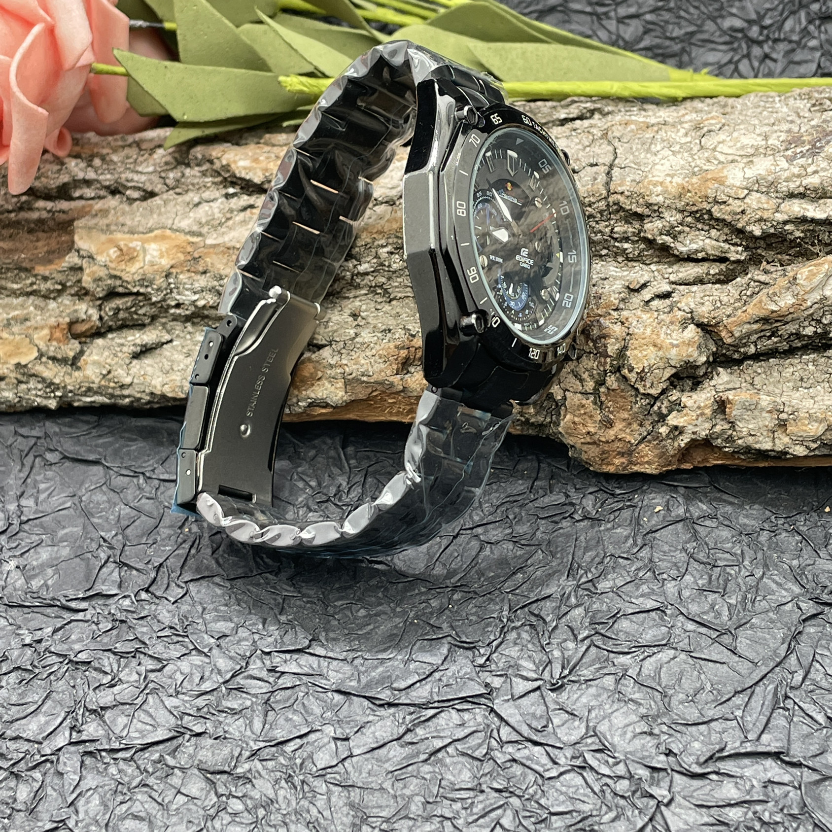 梦诗纯表行 适配卡西欧ef-550黑色钢带5147胶带换钢带表链 22mm