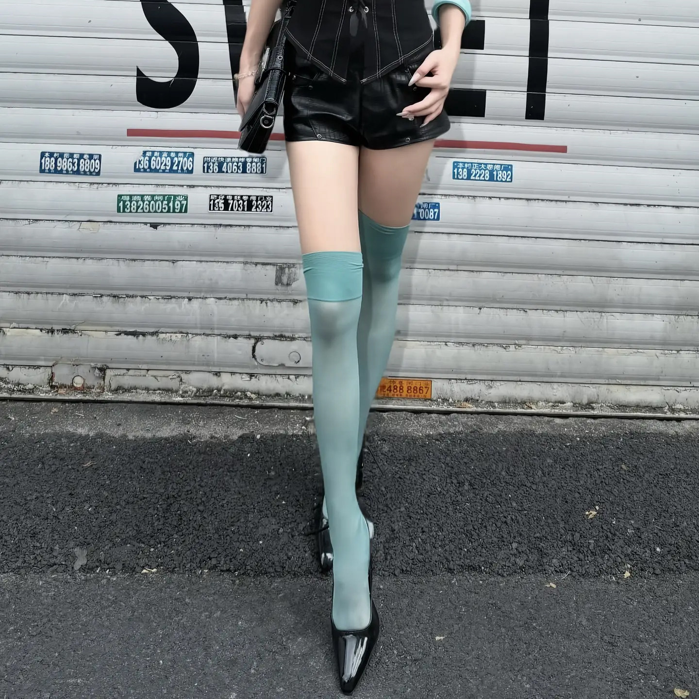 个性高腰薄荷绿连裤袜女士薄款美腿显瘦宽边长筒袜辣妹风修腿神器