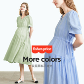 连衣裙子夏短袖 小个子网红中长上衣V领泡泡袖 夏装 美国费雪孕妇装