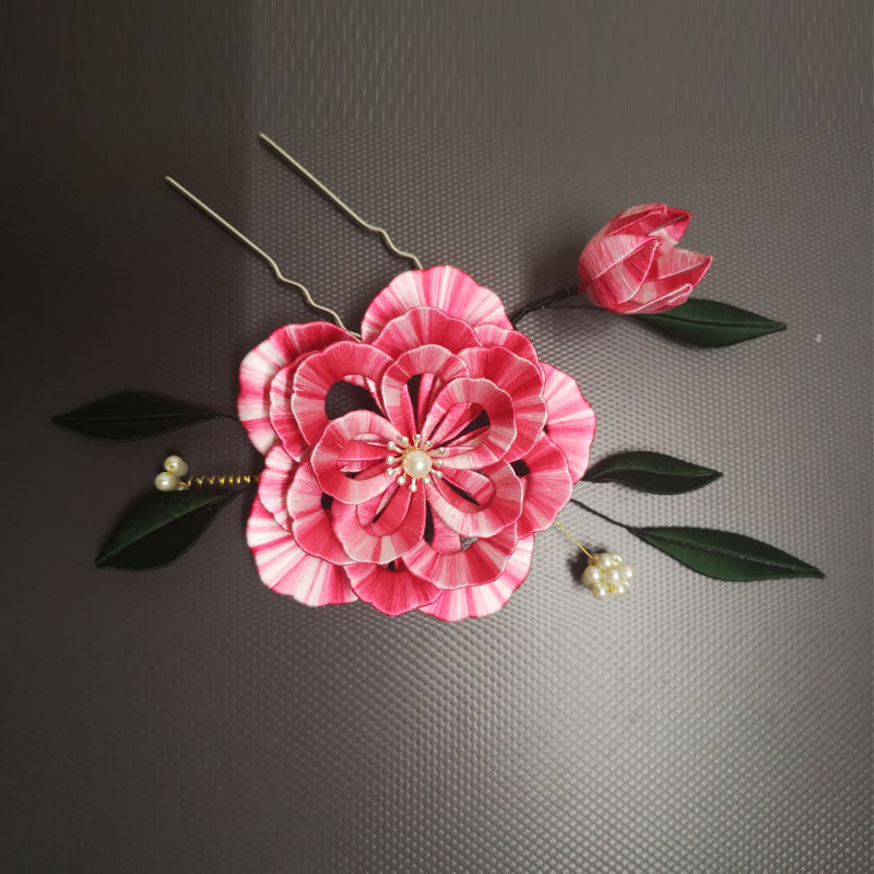 古风缠花汉服头饰纯手工发饰古典簪子渐变色粉色牡丹u簪成品发簪