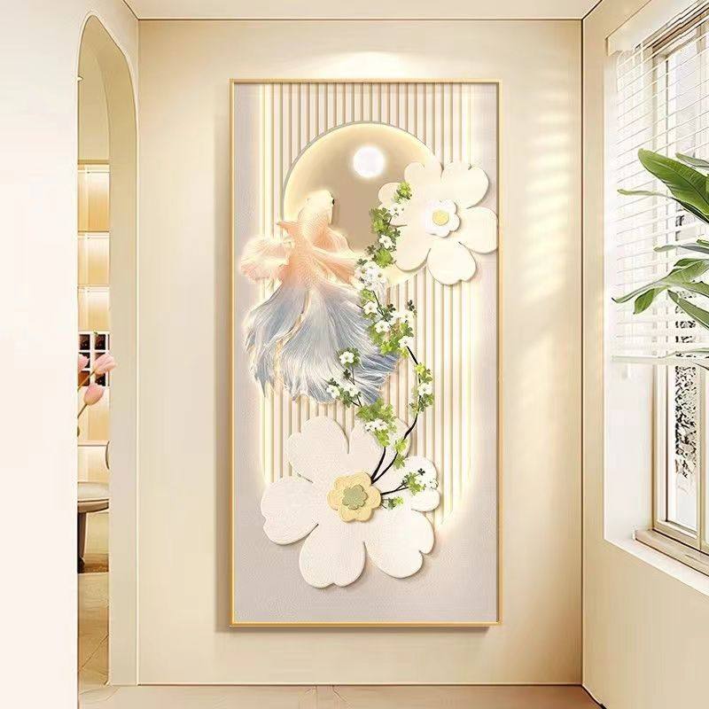 奶油风九鱼图玄关装饰画现代简约入户走廊过道挂画高级感晶瓷壁画