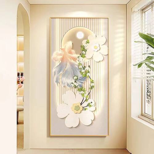 奶油风九鱼图玄关装饰画现代简约入户走廊过道挂画高级感晶瓷壁画