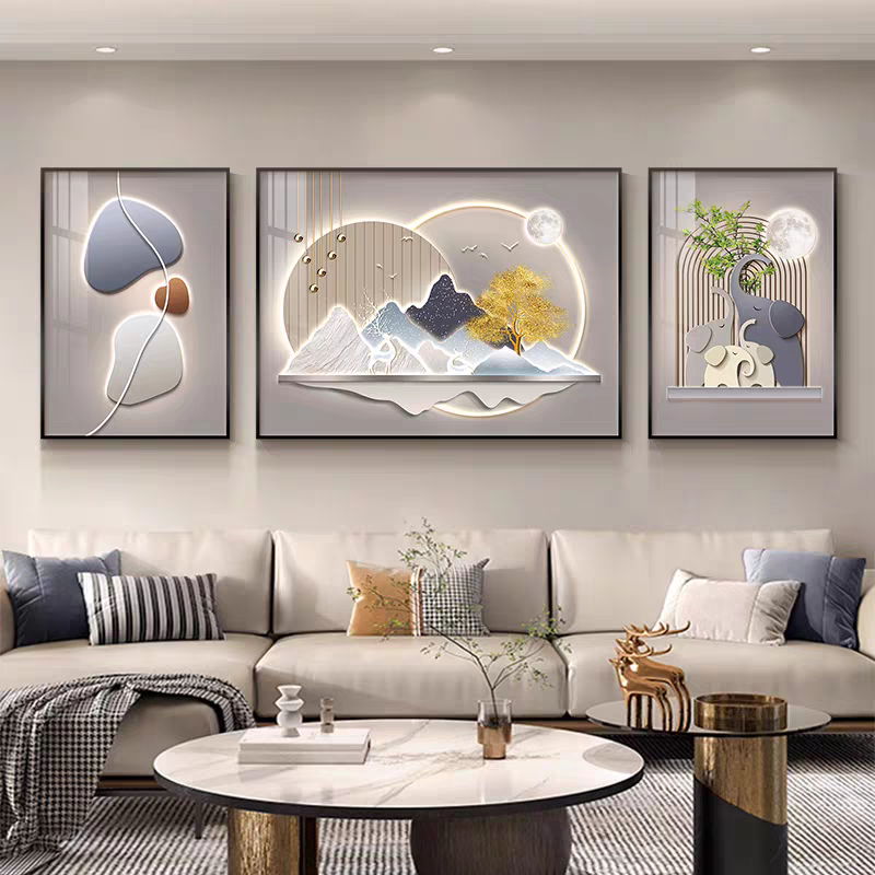 新款大气三联壁画高档客厅装饰画