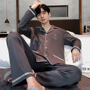 睡衣男士100%纯棉春秋长袖开衫简约中青年舒适可外穿家居服套装