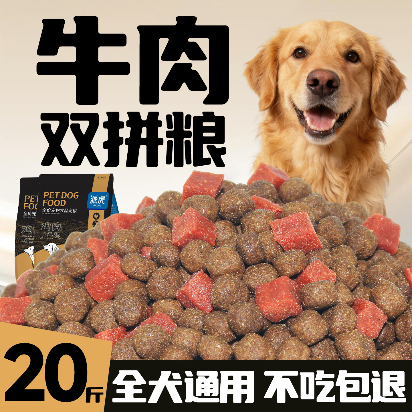 狗粮通用型20斤金毛成犬幼犬拉布拉多大型犬边牧牛肉粒大袋犬粮
