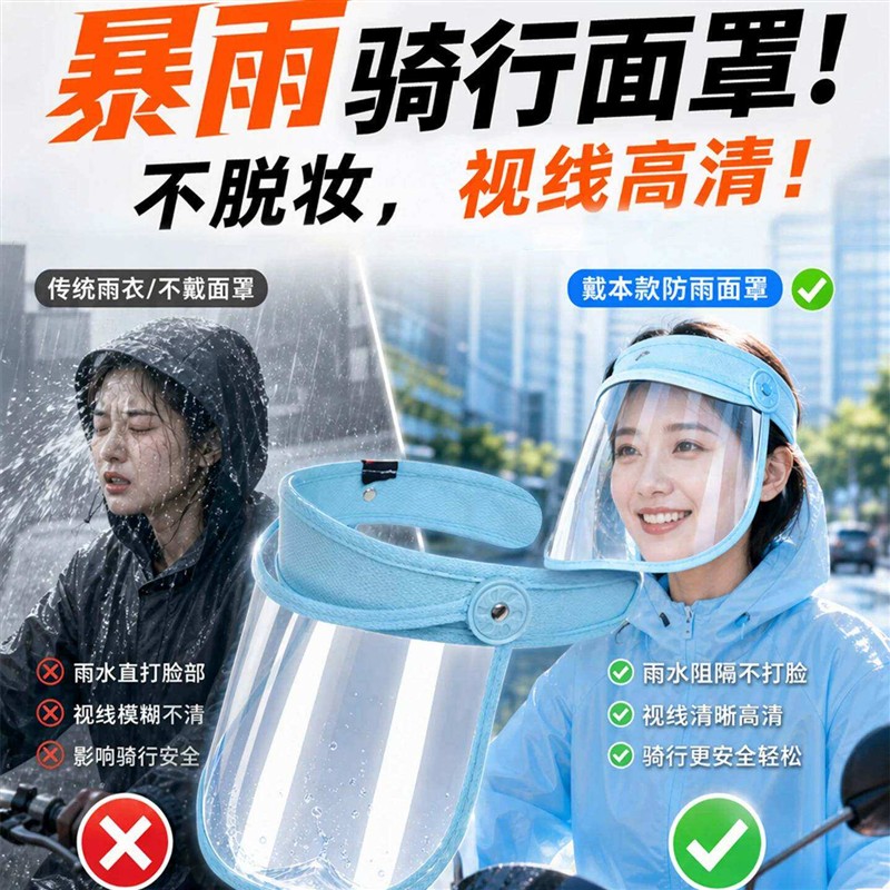 防雨面罩遮雨帽骑电动车防风护脸高清防雾卡扣款男女炒菜做饭防油
