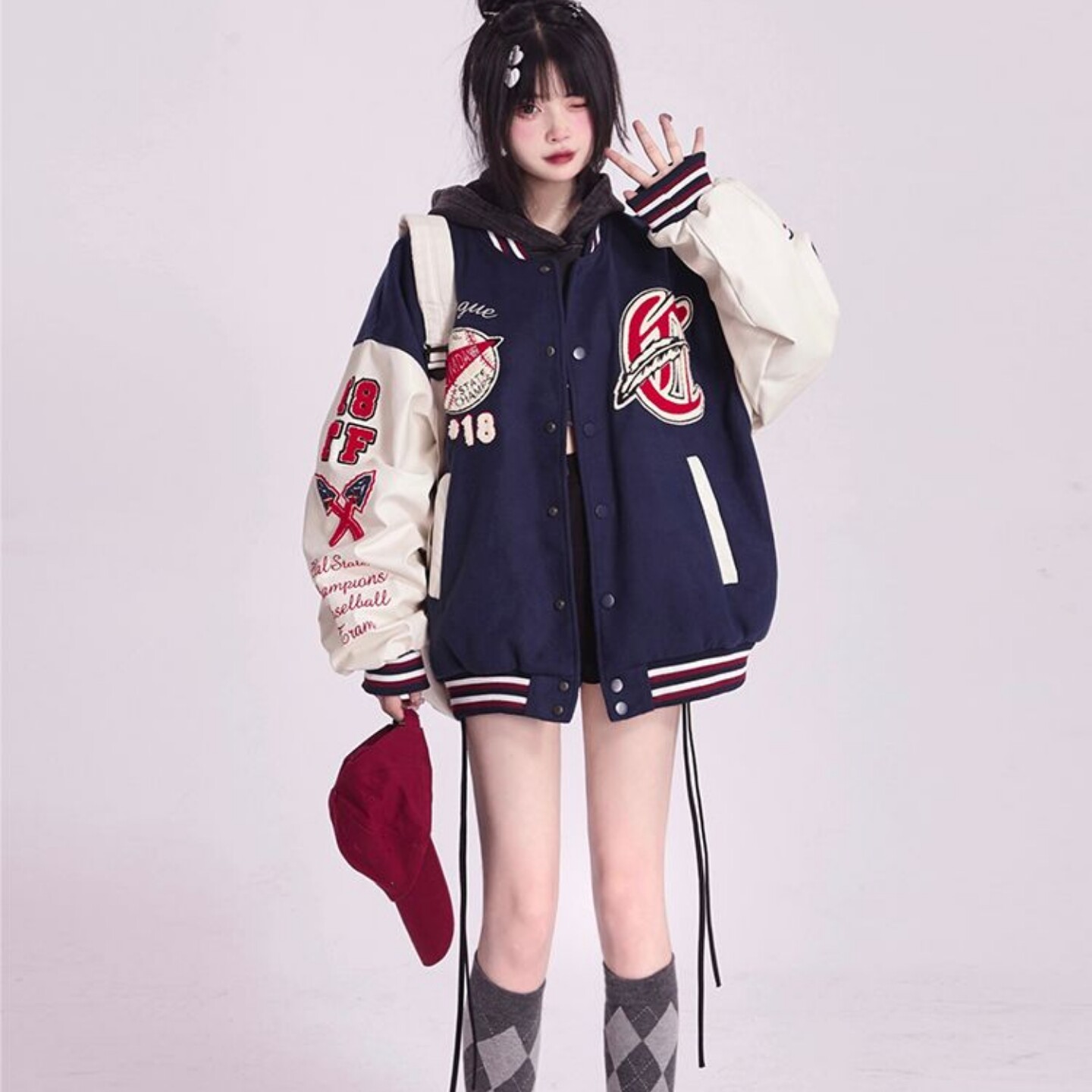 美式街头复古撞色棒球服外套女新款宽松oversize百搭夹克