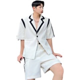 夏款原创设计师小香风撞色织带拼接短袖西装套装两色W0444P150，男装西服套装，电商C219