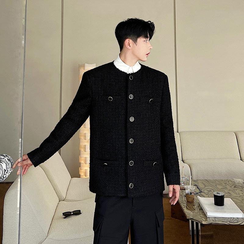 秋冬设计气质百搭粗纺无领毛边小香风修身夹克外套W0618P160，男装夹克，电商C219