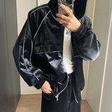 春款重工解构百搭时髦嵌条丝绒拉链连帽休闲外套男女W0396P145，男装卫衣，电商C219