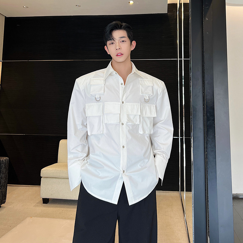 男四季通用青少年多口袋秋季衬衫制服修身黑色时尚春秋衬衣长袖,男装衬衫,电商C219