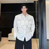 男四季通用青少年多口袋秋季衬衫制服修身黑色时尚春秋衬衣长袖，男装衬衫，电商C219