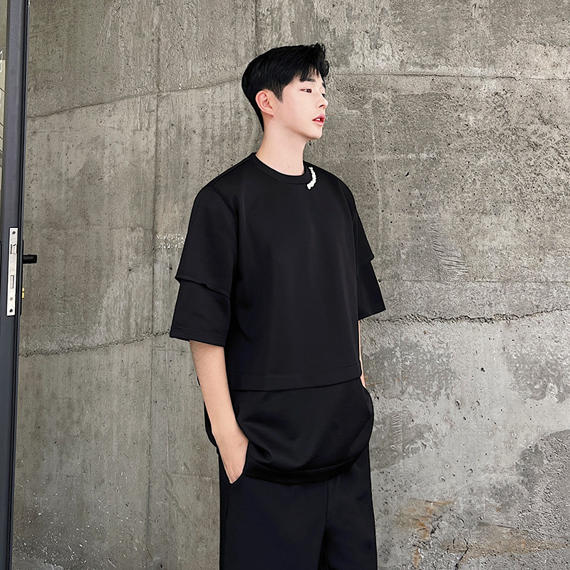 夏款设计师解构拼接珍珠装饰空气针织圆领短袖T恤T0613P75,男装T恤,电商C219