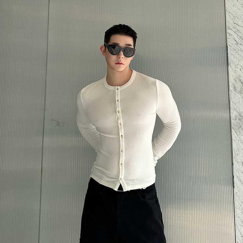 长袖宽松型毛针织衫小马标针织衫薄款圆领白色短款时尚休闲百搭,男装T恤,电商C219