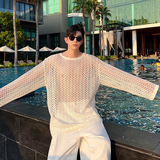 夏款设计师度假风宽松百搭镂空编织长袖T恤两色男女T0588P75，男装T恤，电商C219