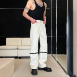 2023设计师韩版修身百搭直筒皮带拼接牛仔裤K0555P110，男装休闲裤，电商C219