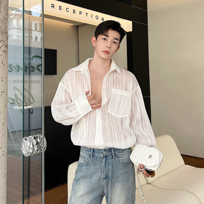 春夏设计师韩版半透立体竖纹特色面料长袖衬衫两色C0611P80,男装衬衫,电商C219