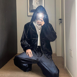 春款重工解构百搭时髦嵌条丝绒拉链连帽休闲外套男女W0396P145，男装卫衣，电商C219
