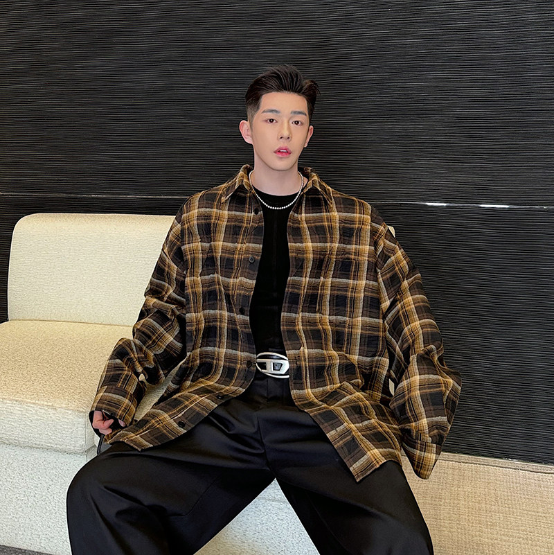 2024SS巴家oversize廓形定制褶皱格纹衬衫外套两色男女C1046P125,男装衬衫,电商C219