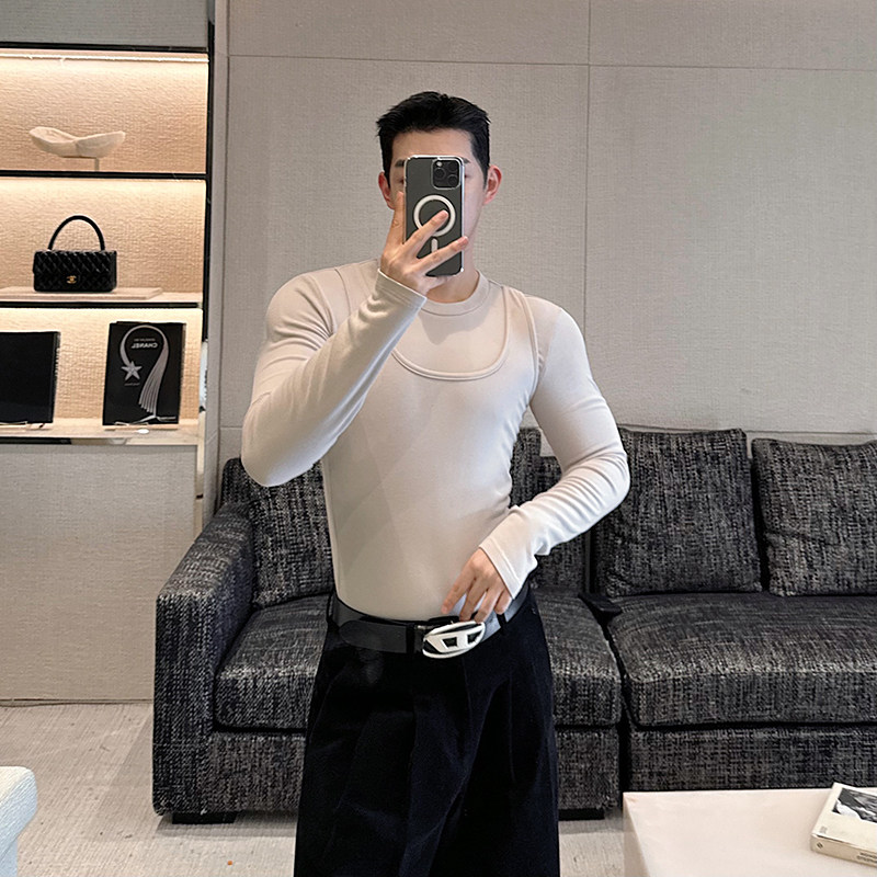 秋冬秀款韩版设计师百搭紧身内搭打底衫背心两件套两色L002P75,男装T恤,电商C219