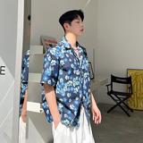 2024夏款个性休闲蓝色手绘小花牛仔短袖衬衫外套C0459P65，男装衬衫，电商C219