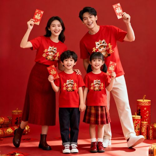 可爱的小马新年红色短袖t恤一家三口四口新年过年喜庆衣服活动