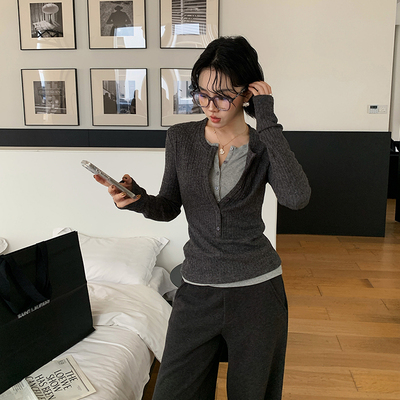 十三粥 高智腔调 时髦亨利领假两件上衣女秋冬软糯舒适简约时尚