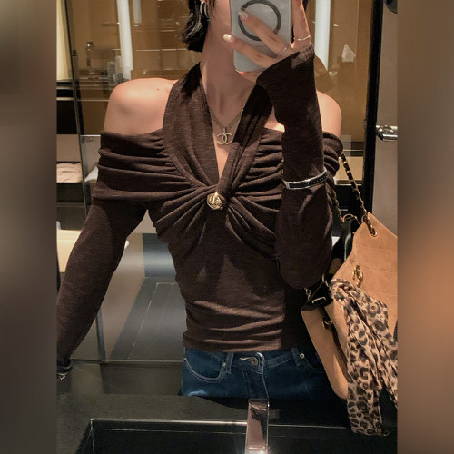 十三粥 肩颈双生 时尚性感长袖上衣女舒适亲肤百搭实穿挂脖显瘦