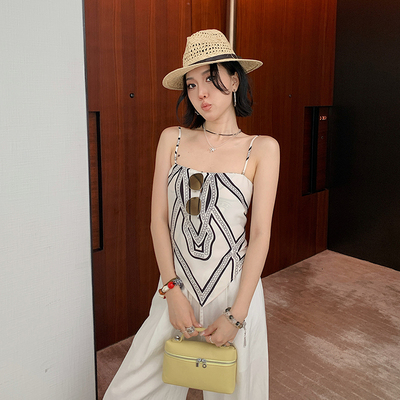 十三粥 艺术画廊 复古印花系带丝巾吊带女夏链条蝴蝶结不规则背心