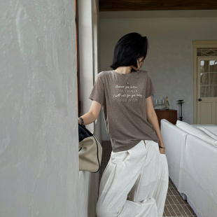 十三粥 每人一件 夏季正肩休闲百搭圆领刺绣弹力麻纱感短袖T恤女