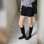 高腰宽松显瘦配腰带裤 十三粥 子 皮拼接超短裤 女冬季 呢间法则 经典