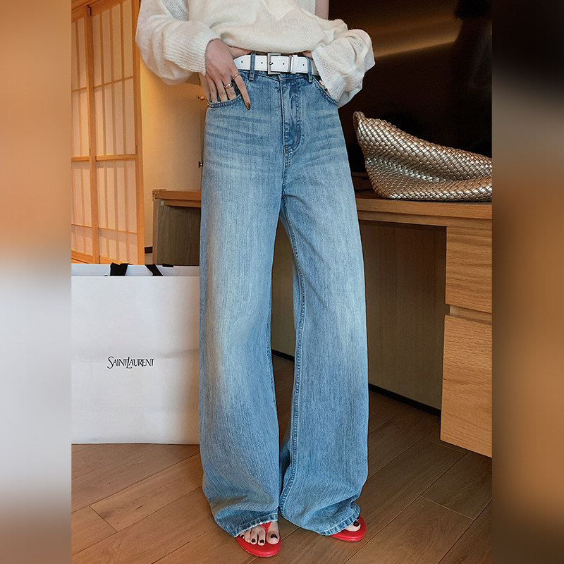 十三粥 万搭蓝牛 简约大气高腰阔腿直筒牛仔长裤女春宽容遮肉
