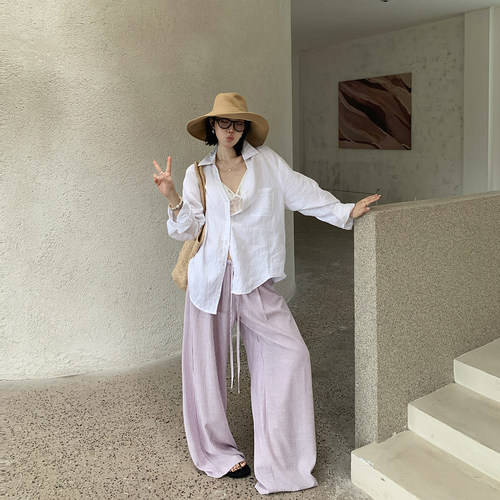 十三粥 清凉油 法式慵懒复古条纹垂感宽松夏季抽绳阔腿休闲裤女
