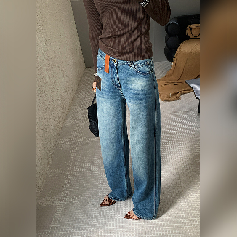 十三粥 老花 高腰撞色皮标牛仔裤女宽松休闲显瘦通勤设计感直筒裤