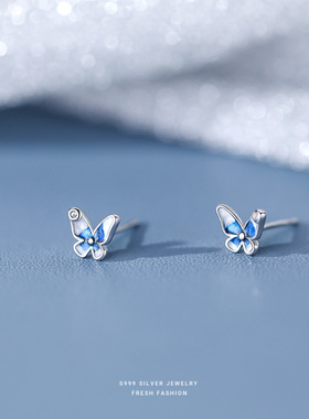 s999足银蓝色蝴蝶耳钉女简约小巧小清新气质耳骨钉森系可爱耳饰品