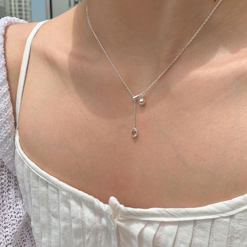 925纯银女蓝色水滴项链防过敏