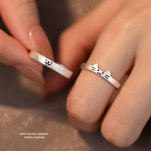 999足银猫狗戒指对戒情侣