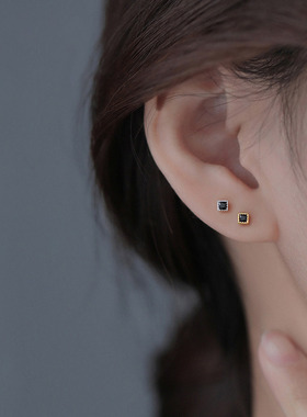 925纯银耳钉女夏小众2021年新款潮简约气质设计感黑色耳环耳饰