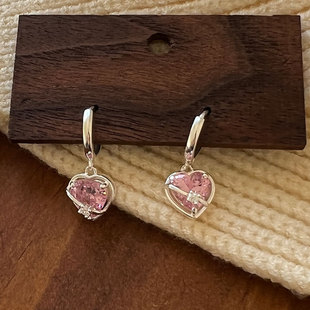 s925纯银粉色爱心耳扣ins小众设计师款网红冷淡风几何耳环耳饰品