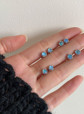 蓝色鹿角耳钉s925纯银螺丝拧扣养耳洞耳环耳骨钉个性耳饰女免耳堵