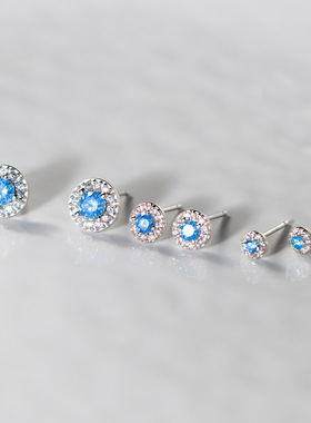 银耳钉925纯银蓝色圆形钻石简约小巧男女闪钻耳蜗钉耳骨钉耳环