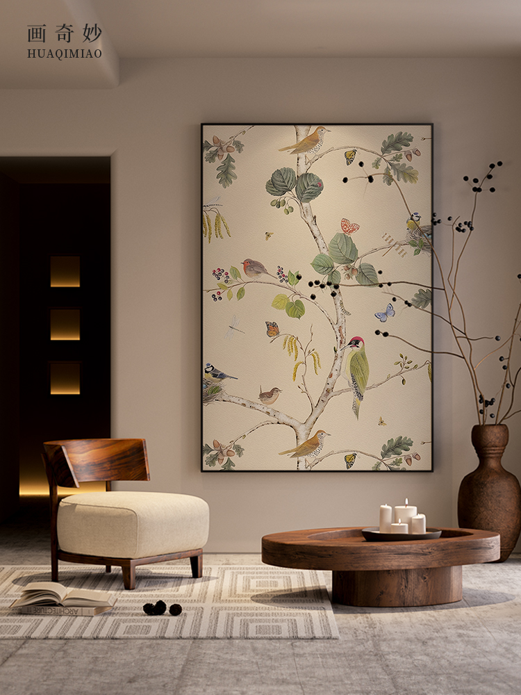 简约现代美式植物花鸟客厅入户玄关装饰画卧室床头壁画竖版挂画图片