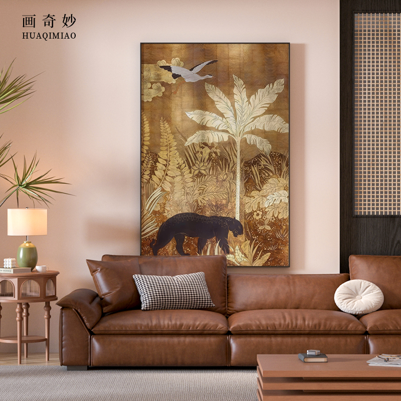 现代南洋复古风芭蕉叶植物丛林客厅玄关装饰画卧室壁画竖版挂画图片