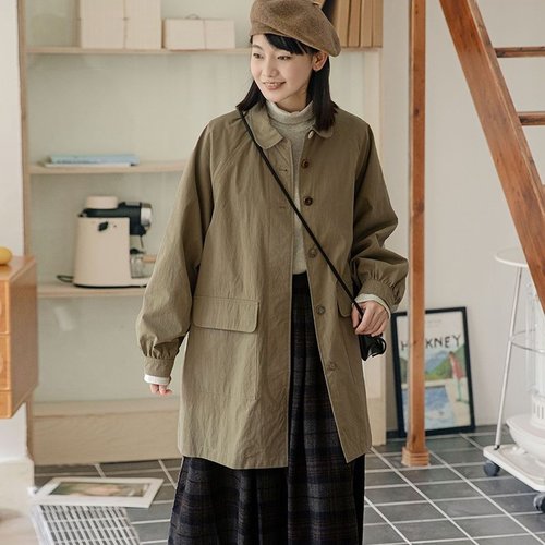 理想岛 青果领插肩袖风衣女秋季新款日系设计感小个子中长款外套