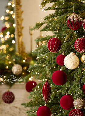 暗红色植绒球酒红色圣诞球6/8cm异形高档彩绘球圣诞树挂件吊饰球