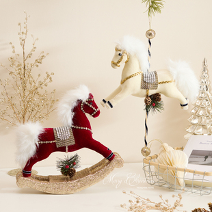 泓瀚圣诞装饰品摇摇马摆件红色香槟色绒布圣诞树挂件场景布置道具