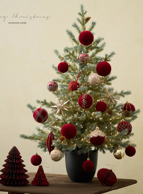 圣诞树桌面摆件盆栽 pe小圣诞树红色植绒圣诞树套装圣诞节装饰品