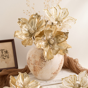 泓翰圣诞花高档DIY花环配件加厚节日 金色绒花粘粉23CM布艺仿真花