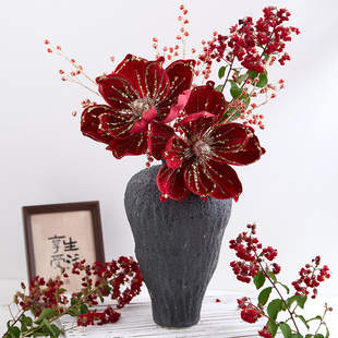 泓翰 圣诞花高档DIY花环配件加厚节日红色绒花粘粉23CM布艺仿真花