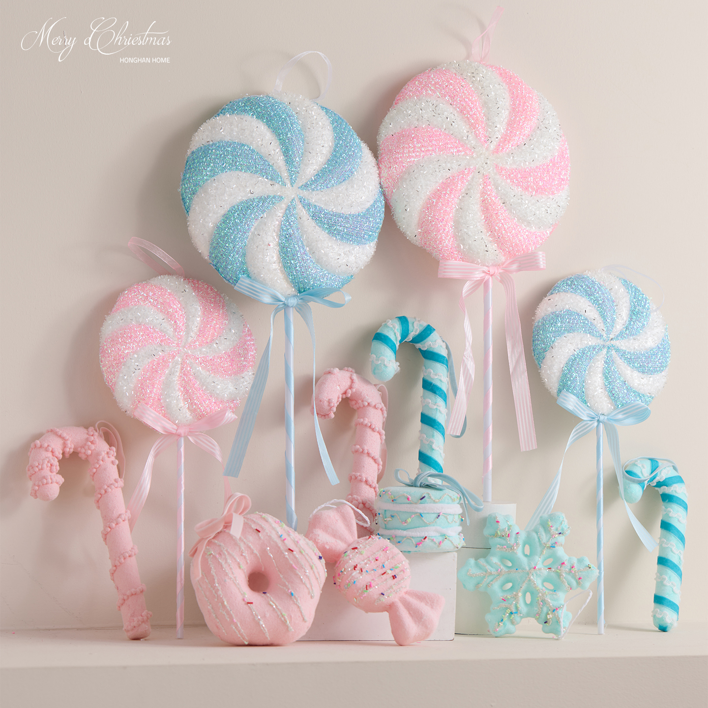 泓瀚圣诞节装饰品粉色冰蓝色棒棒糖拐杖雪花糖果球挂件圣诞树挂饰
